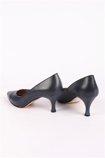 Kadın Hakiki Deri Kısa Topuklu Stiletto Ayakkabı Lacivert