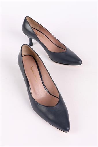 Kadın Hakiki Deri Kısa Topuklu Stiletto Ayakkabı Lacivert