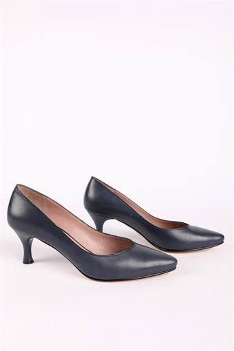 Kadın Hakiki Deri Kısa Topuklu Stiletto Ayakkabı Lacivert