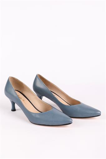 Kadın Hakiki Deri Kısa Topuklu Stiletto Ayakkabı Mavi