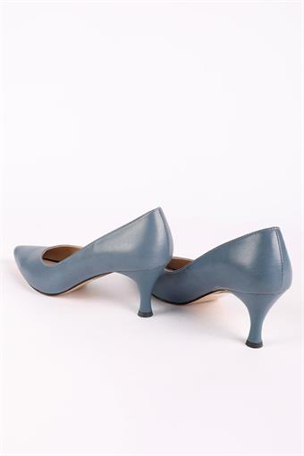 Kadın Hakiki Deri Kısa Topuklu Stiletto Ayakkabı Mavi