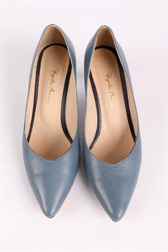 Kadın Hakiki Deri Kısa Topuklu Stiletto Ayakkabı Mavi