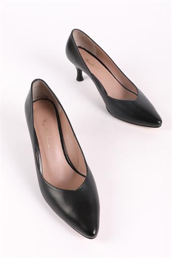 Kadın Hakiki Deri Kısa Topuklu Stiletto Ayakkabı Siyah