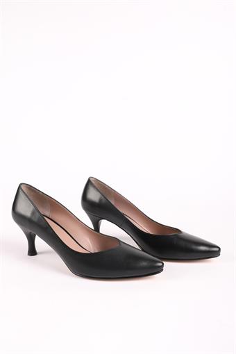 Kadın Hakiki Deri Kısa Topuklu Stiletto Ayakkabı Siyah