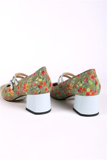 Kadın Hakiki Deri Üstten Bantlı Küt Burunlu Kalın Topuklu Ayakkabı Yeşil Multi