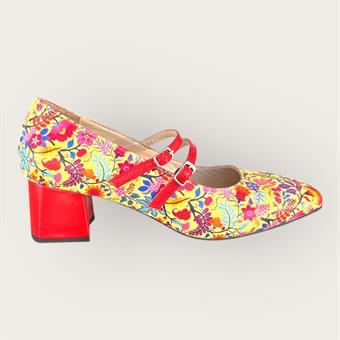 Kadın Hakiki Deri Üstten Bantlı Küt Burunlu Kalın Topuklu Ayakkabı Sarı Multi