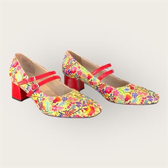 Kadın Hakiki Deri Üstten Bantlı Küt Burunlu Kalın Topuklu Ayakkabı Sarı Multi