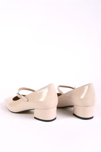 Kadın Hakiki Deri Üstten Bantlı Küt Burunlu Kalın Topuklu Ayakkabı Kemik Rugan