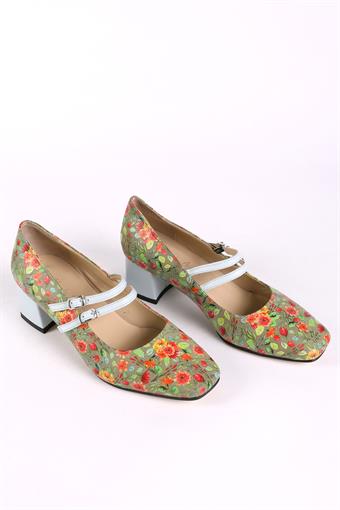 Kadın Hakiki Deri Üstten Bantlı Küt Burunlu Kalın Topuklu Ayakkabı Yeşil Multi