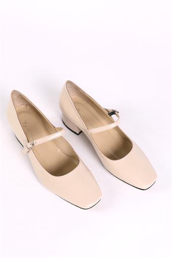 Kadın Hakiki Deri Üstten Bantlı Küt Burunlu Kalın Topuklu Ayakkabı Kemik Rugan