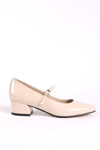 Kadın Hakiki Deri Üstten Bantlı Küt Burunlu Kalın Topuklu Ayakkabı Kemik Rugan