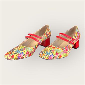 Kadın Hakiki Deri Üstten Bantlı Küt Burunlu Kalın Topuklu Ayakkabı Sarı Multi