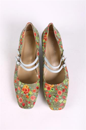 Kadın Hakiki Deri Üstten Bantlı Küt Burunlu Kalın Topuklu Ayakkabı Yeşil Multi