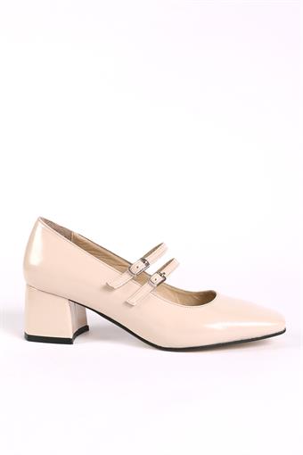 Kadın Hakiki Deri Üstten Bantlı Küt Burunlu Kalın Topuklu Ayakkabı Kemik Rugan