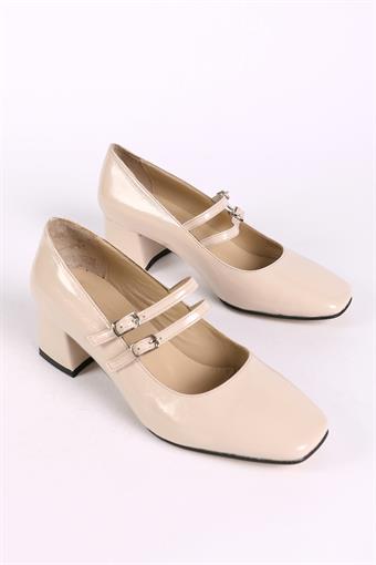 Kadın Hakiki Deri Üstten Bantlı Küt Burunlu Kalın Topuklu Ayakkabı Kemik Rugan