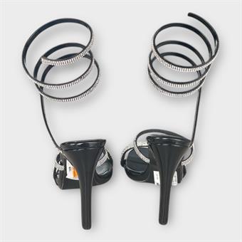 Kadın İnce Bantlı Bacağa Dolama Abiye Ayakkabı Siyah Rugan