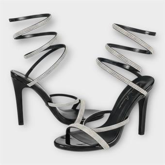 Kadın İnce Bantlı Bacağa Dolama Abiye Ayakkabı Siyah Rugan