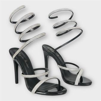 Kadın İnce Bantlı Bacağa Dolama Abiye Ayakkabı Siyah Rugan