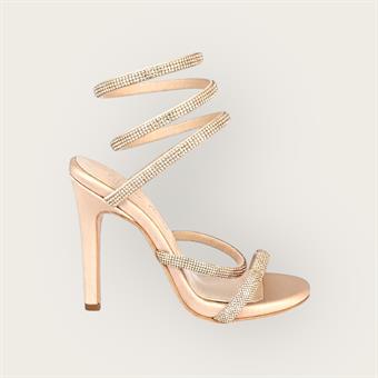 Kadın İnce Bantlı Bacağa Dolama Abiye Ayakkabı Bej Saten