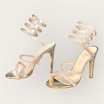 Kadın İnce Bantlı Bacağa Dolama Abiye Ayakkabı Altın Rugan