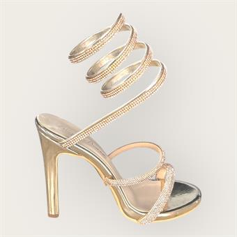 Kadın İnce Bantlı Bacağa Dolama Abiye Ayakkabı Altın Rugan