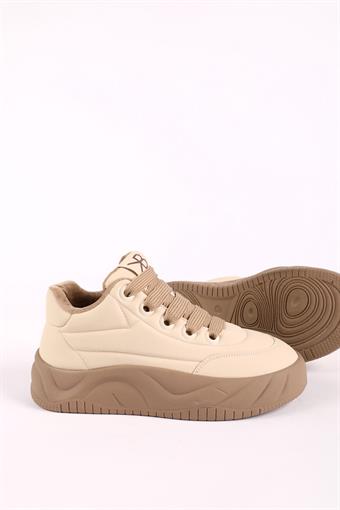 Kadın Kalın Kauçuk Taban Bağcıklı Spor Ayakkabı & Sneaker Bej
