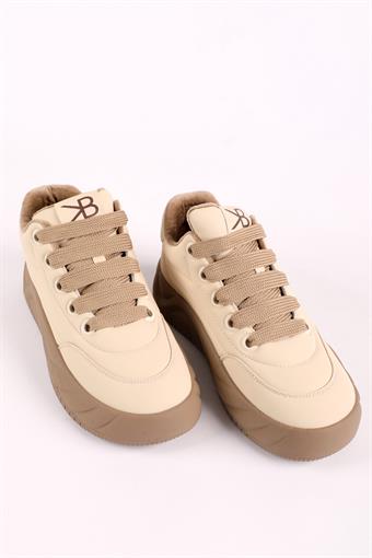 Kadın Kalın Kauçuk Taban Bağcıklı Spor Ayakkabı & Sneaker Bej