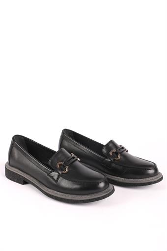 Kadın Kauçuk Taban Hakiki Deri Loafer Ayakkabı Siyah