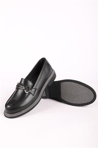Kadın Kauçuk Taban Hakiki Deri Loafer Ayakkabı Siyah