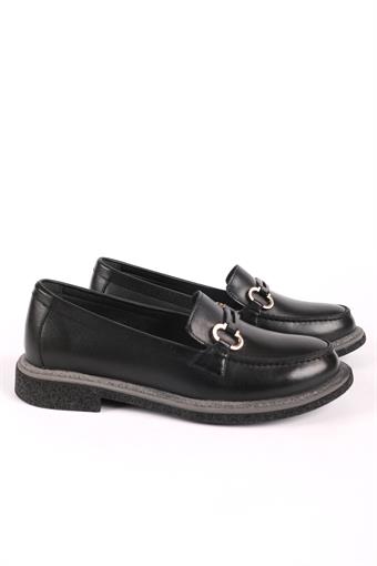 Kadın Kauçuk Taban Hakiki Deri Loafer Ayakkabı Siyah