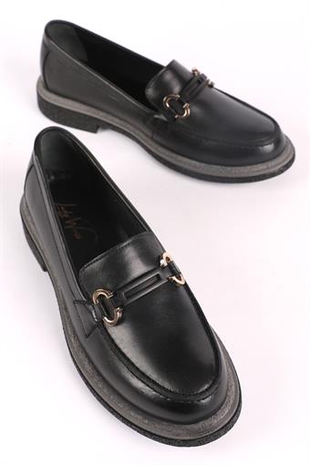 Kadın Kauçuk Taban Hakiki Deri Loafer Ayakkabı Siyah