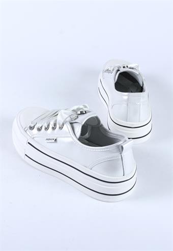 Kadın İthal Kalın Taban Kurdele Bağcıklı Taşlı Rugan Spor Ayakkabı & Sneaker Beyaz