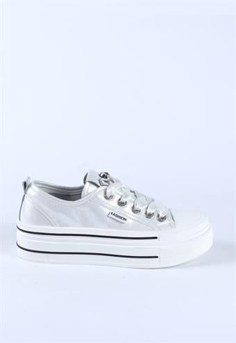 Kadın İthal Kalın Taban Kurdele Bağcıklı Taşlı Rugan Spor Ayakkabı & Sneaker Beyaz