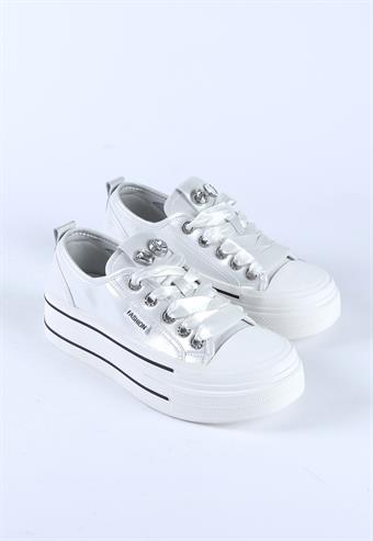 Kadın İthal Kalın Taban Kurdele Bağcıklı Taşlı Rugan Spor Ayakkabı & Sneaker Beyaz