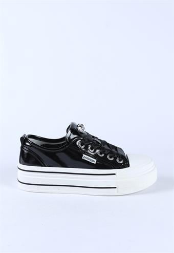Kadın İthal Kalın Taban Kurdele Bağcıklı Taşlı Rugan Spor Ayakkabı & Sneaker Siyah