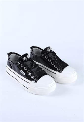 Kadın İthal Kalın Taban Kurdele Bağcıklı Taşlı Rugan Spor Ayakkabı & Sneaker Siyah