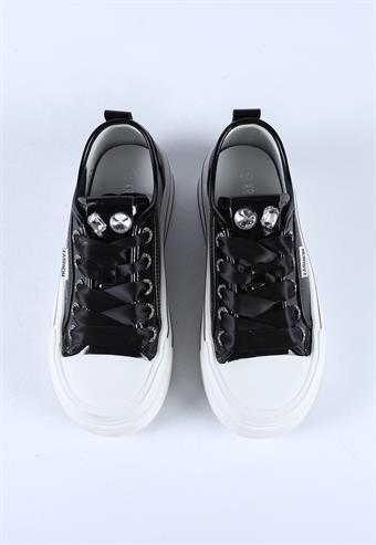 Kadın İthal Kalın Taban Kurdele Bağcıklı Taşlı Rugan Spor Ayakkabı & Sneaker Siyah