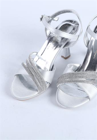 Kadın Taş Detaylı Abiye Ayakkabı Gümüş Saten
