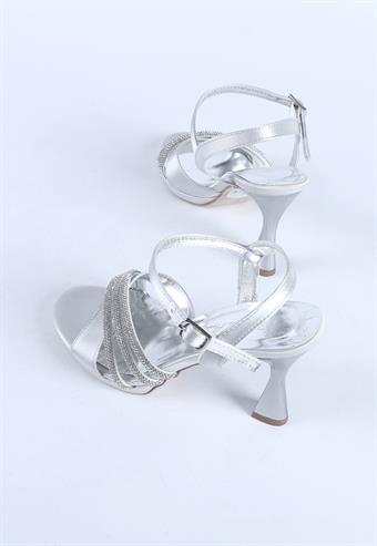 Kadın Taş Detaylı Abiye Ayakkabı Gümüş Saten