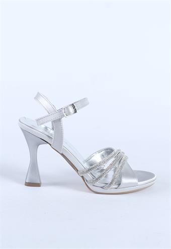 Kadın Taş Detaylı Abiye Ayakkabı Gümüş Saten