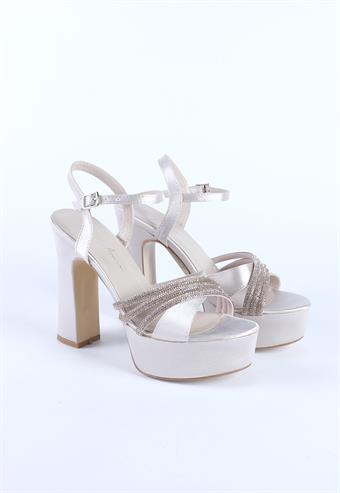 Kadın Taş Detaylı Abiye Ayakkabı Ten Saten