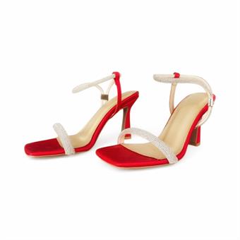 Kadın Taş Detaylı Abiye Ayakkabı Kırmızı Saten