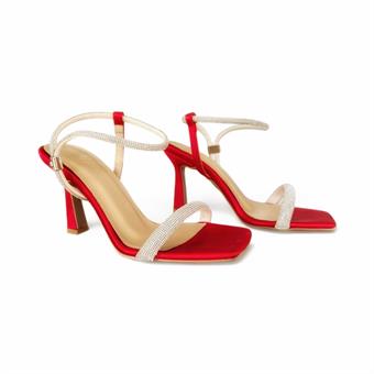 Kadın Taş Detaylı Abiye Ayakkabı Kırmızı Saten