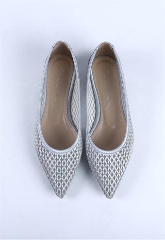 Kadın Taş Detaylı Transparan Fileli Sivri Burunlu Babet Ayakkabı Gümüş