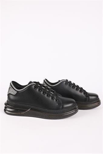 Kadın Hakiki Deri Taş Detaylı Bağcıklı Dolgu Taban Sneaker Siyah