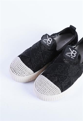 Kadın İthal Taban Hasır Örme File Detaylı Taş İşlemeli Spor Ayakkabı & Sneaker Siyah