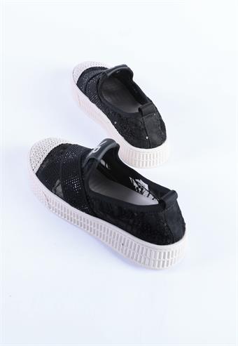 Kadın İthal Taban Hasır Örme File Detaylı Taş İşlemeli Spor Ayakkabı & Sneaker Siyah