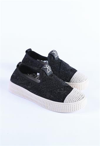 Kadın İthal Taban Hasır Örme File Detaylı Taş İşlemeli Spor Ayakkabı & Sneaker Siyah
