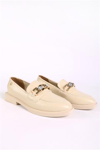 Kadın Taş Detaylı Loafer Bej Cilt