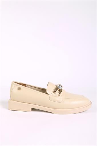 Kadın Taş Detaylı Loafer Bej Cilt